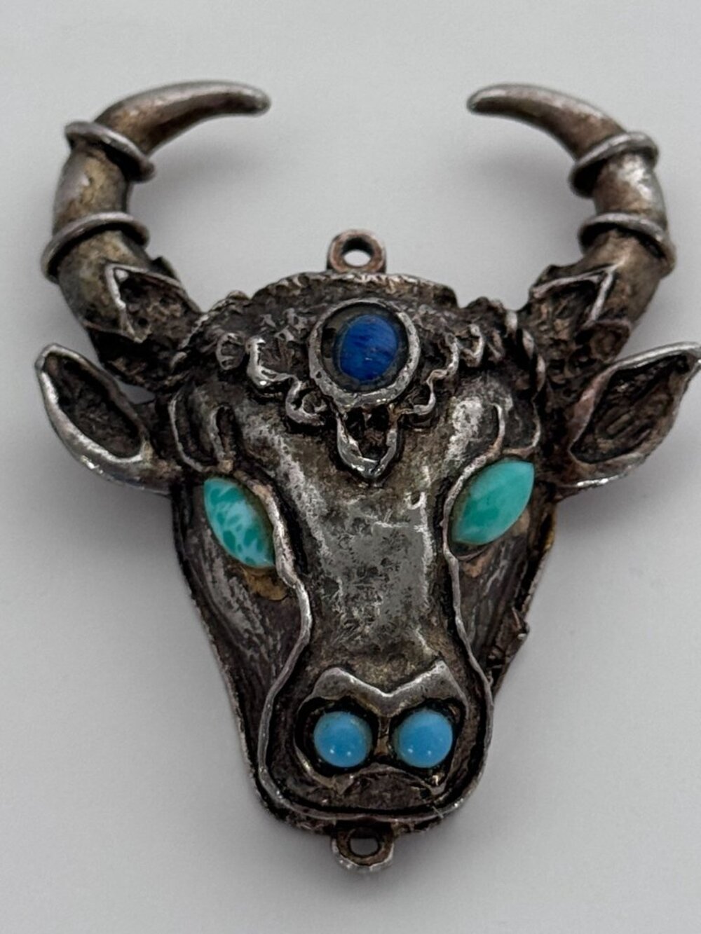 Bull Head Pendant Silver Tone Taurus Boho Mid Century Jewelry Vintage Ox Skull - Picture 11 of 11